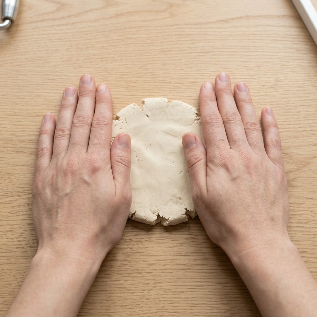 A block of clay being pressed flat between palms before its first pass