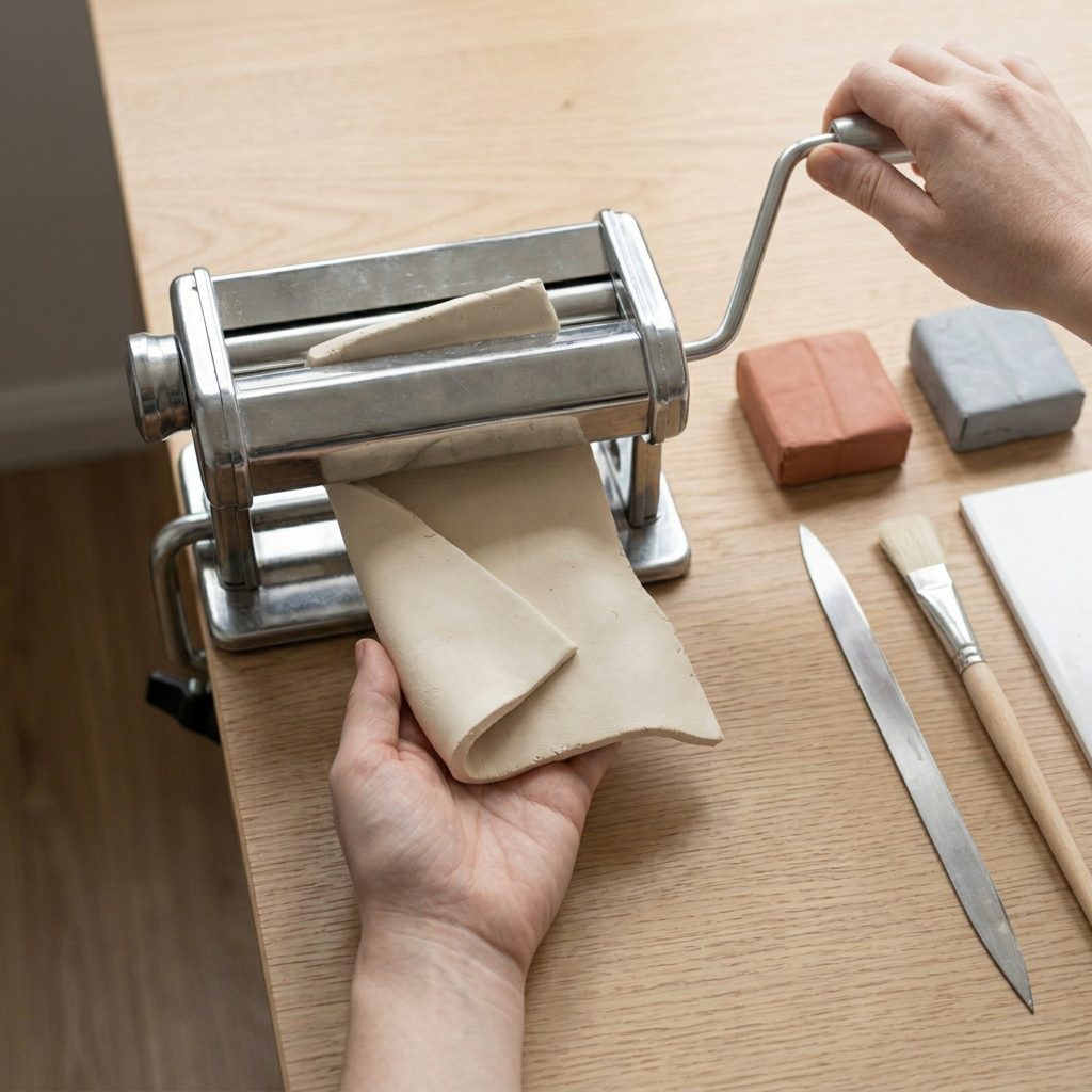 A folded clay sheet being fed into the rollers folded edge first