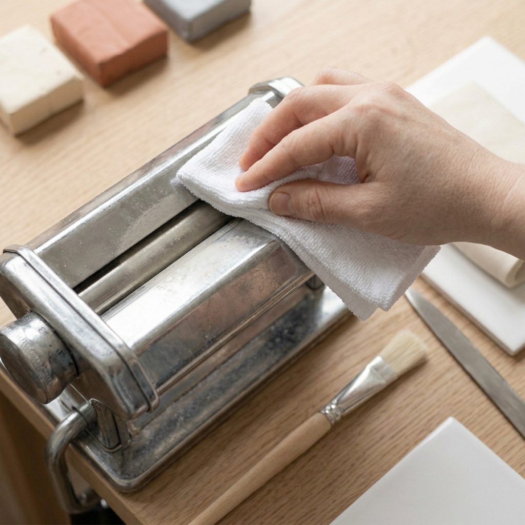 A cloth wiping pale clay residue from the rollers of the machine