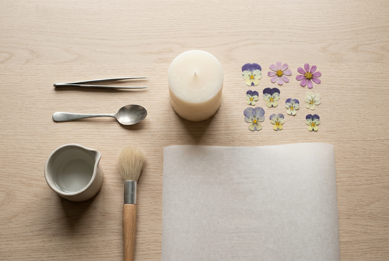 A plain pillar candle, pressed flowers, tweezers and a spoon on a pale oak desk