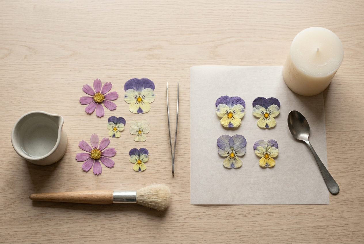 Pressed violas sorted into flat ones and thicker ones on a pale oak desk