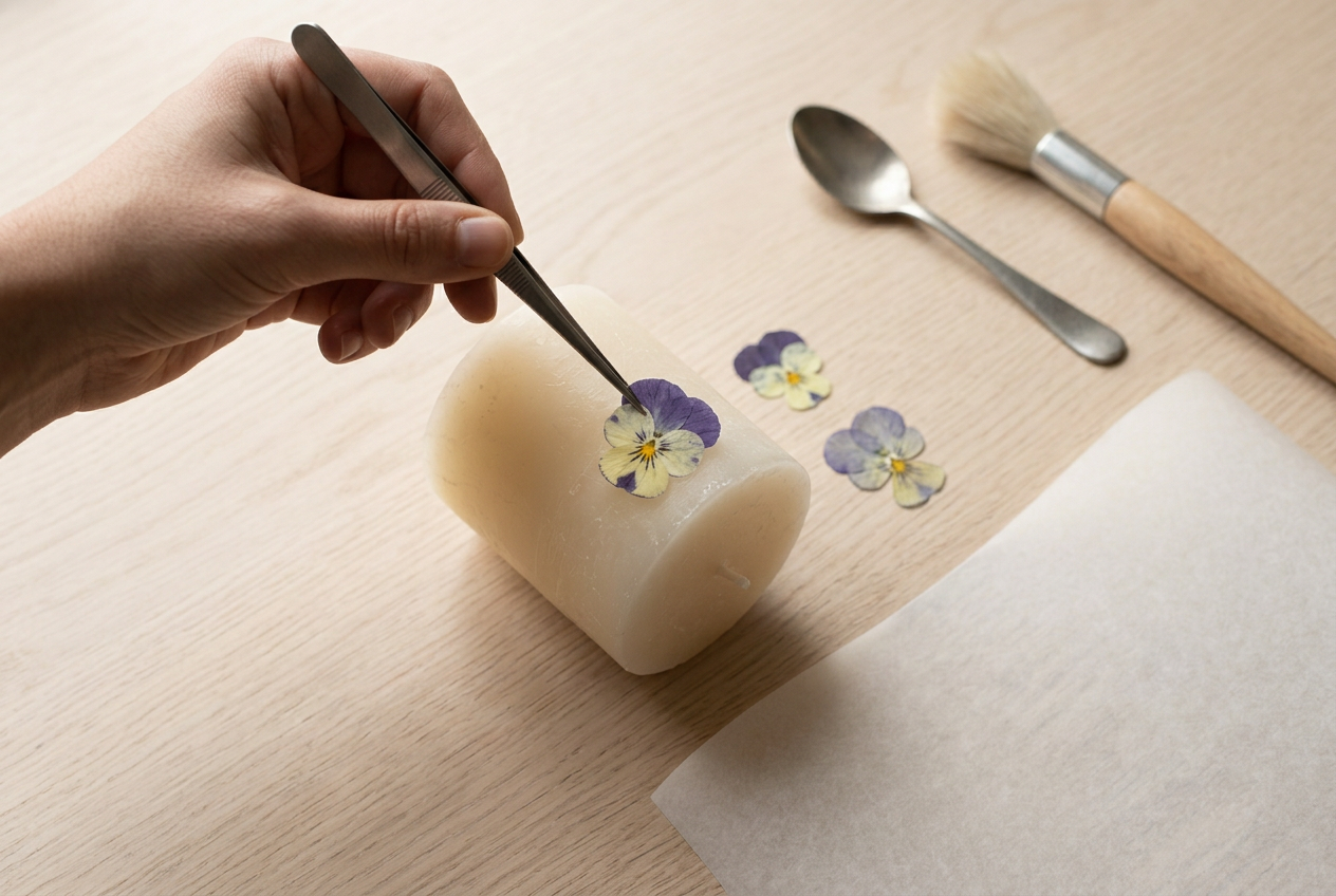 Tweezers holding a pressed viola against the side of a plain pillar candle