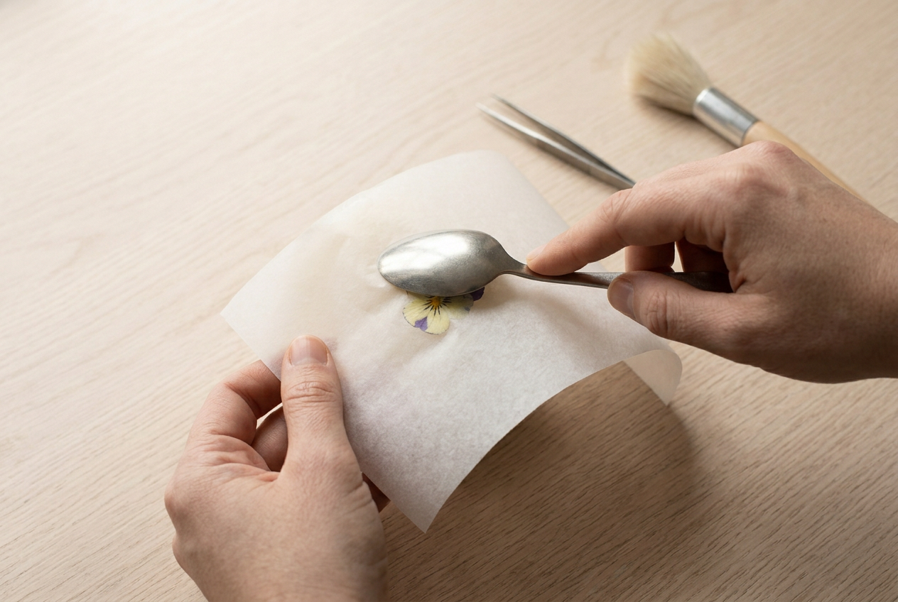 A warm spoon being pressed through parchment onto a flower on a candle