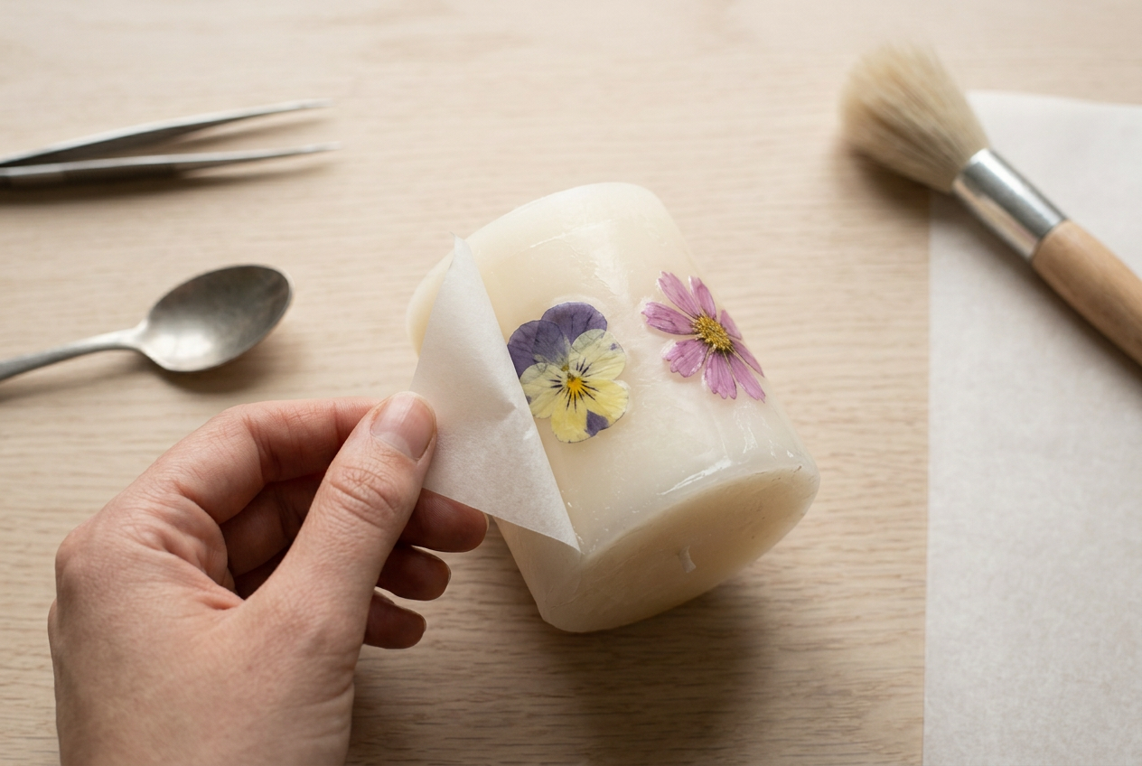 Parchment being peeled back to reveal a flower sealed under the wax surface