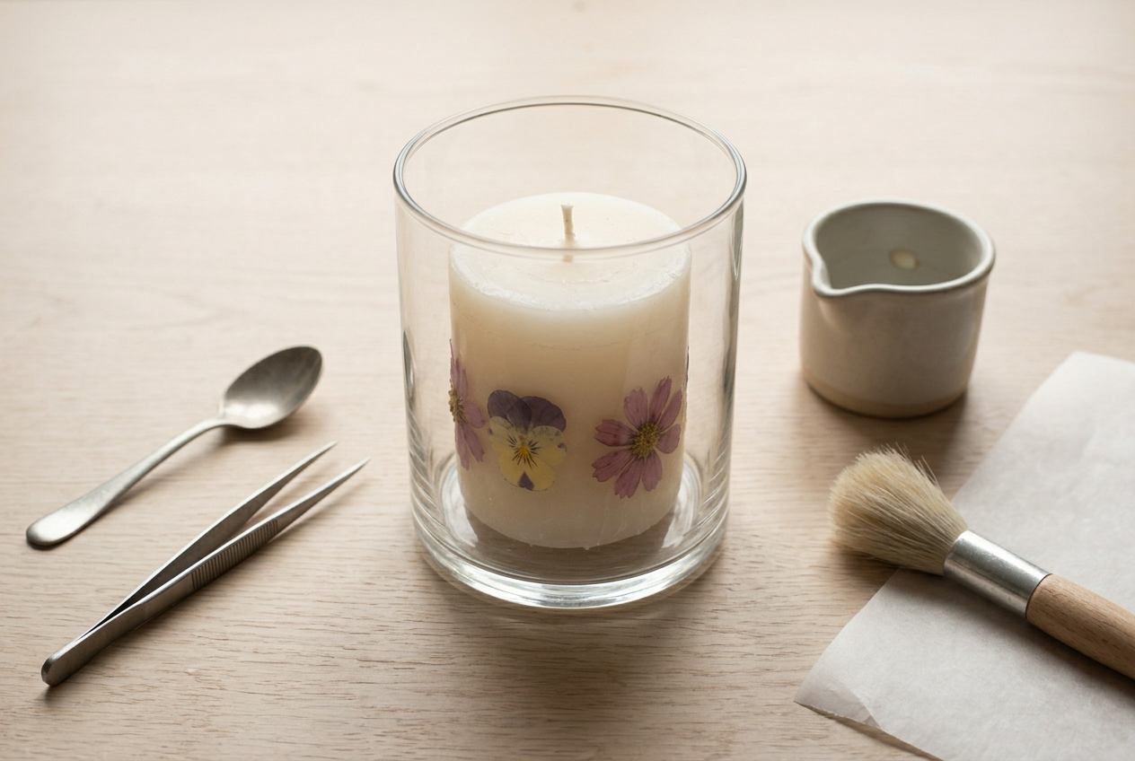 A finished flower candle standing inside a plain glass hurricane
