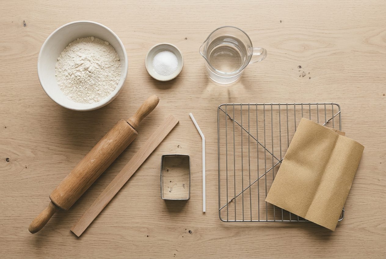 Flour, salt, a rolling pin, a cutter and a straw on a table