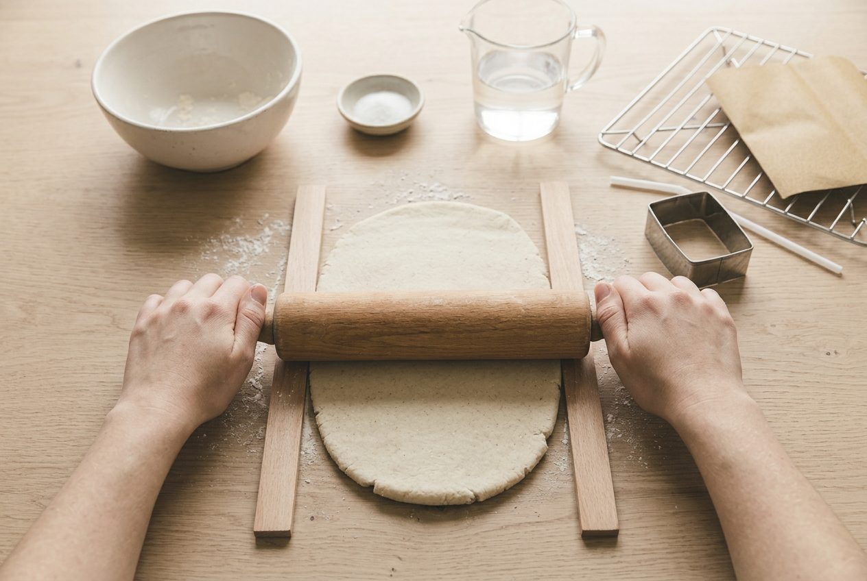 Pale salt dough rolled to an even sheet between two wooden strips