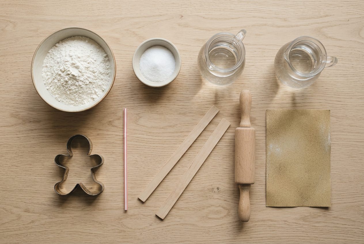 Bowls of flour and salt, a rolling pin, a cutter and a straw