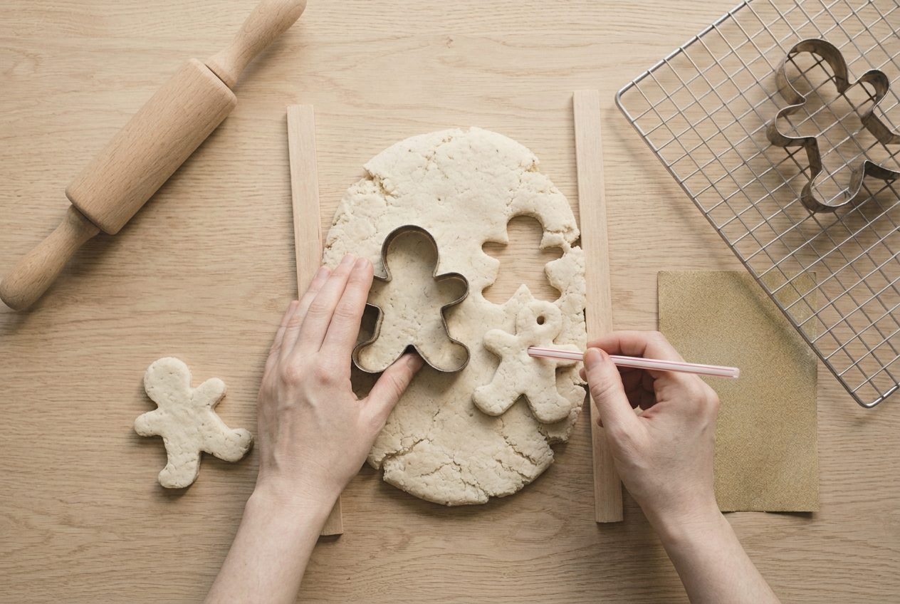 A cutter pressing gingerbread shapes and a straw piercing holes