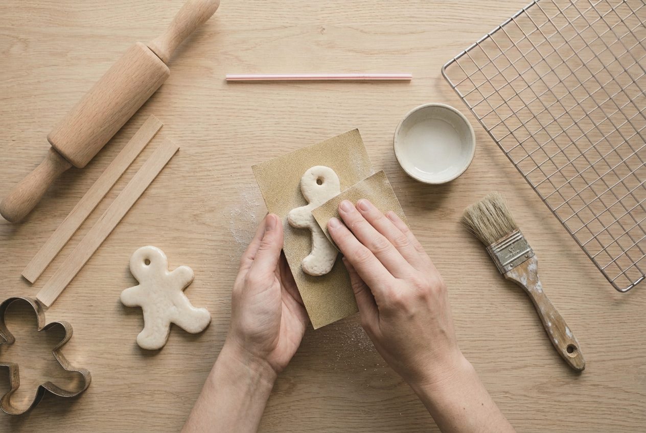 Sandpaper smoothing the rim of a baked shape before sealing
