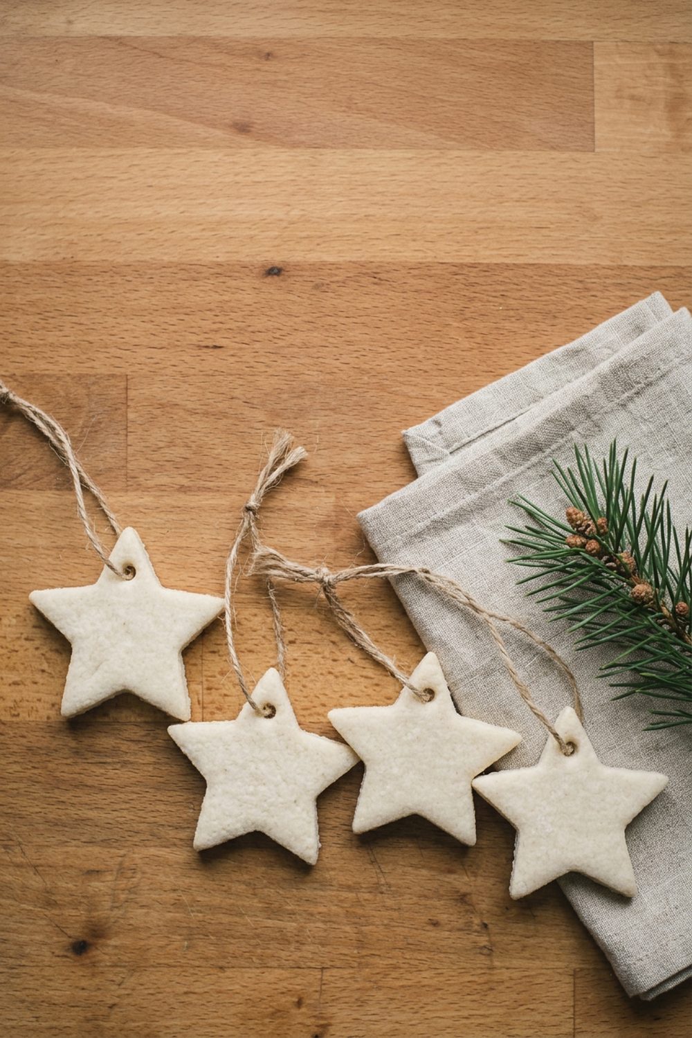 Handmade salt dough star ornaments threaded with twine