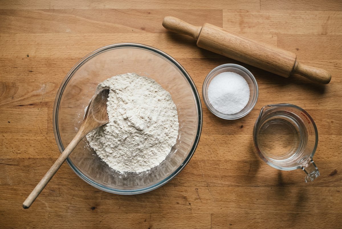 Plain flour, table salt and warm water measured out in bowls on a wooden kitchen worktop
