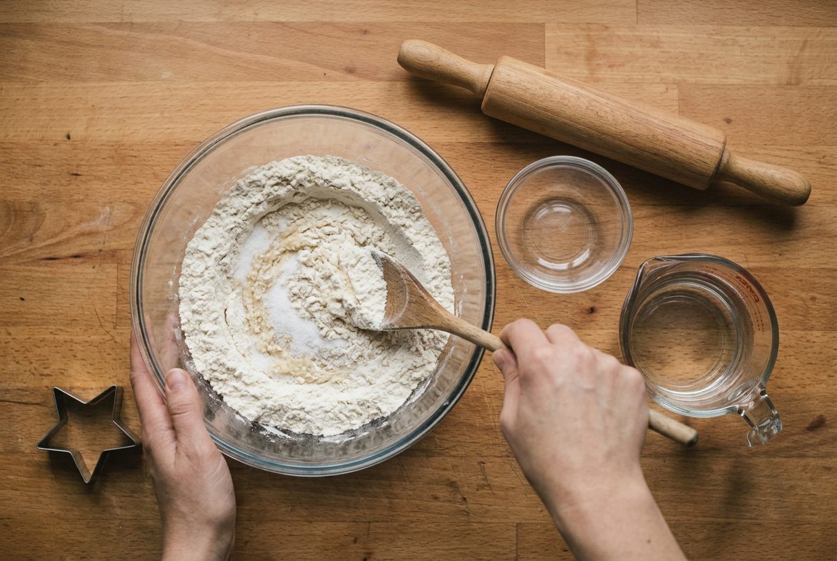 A wooden spoon stirring fine salt through white flour in a glass bowl