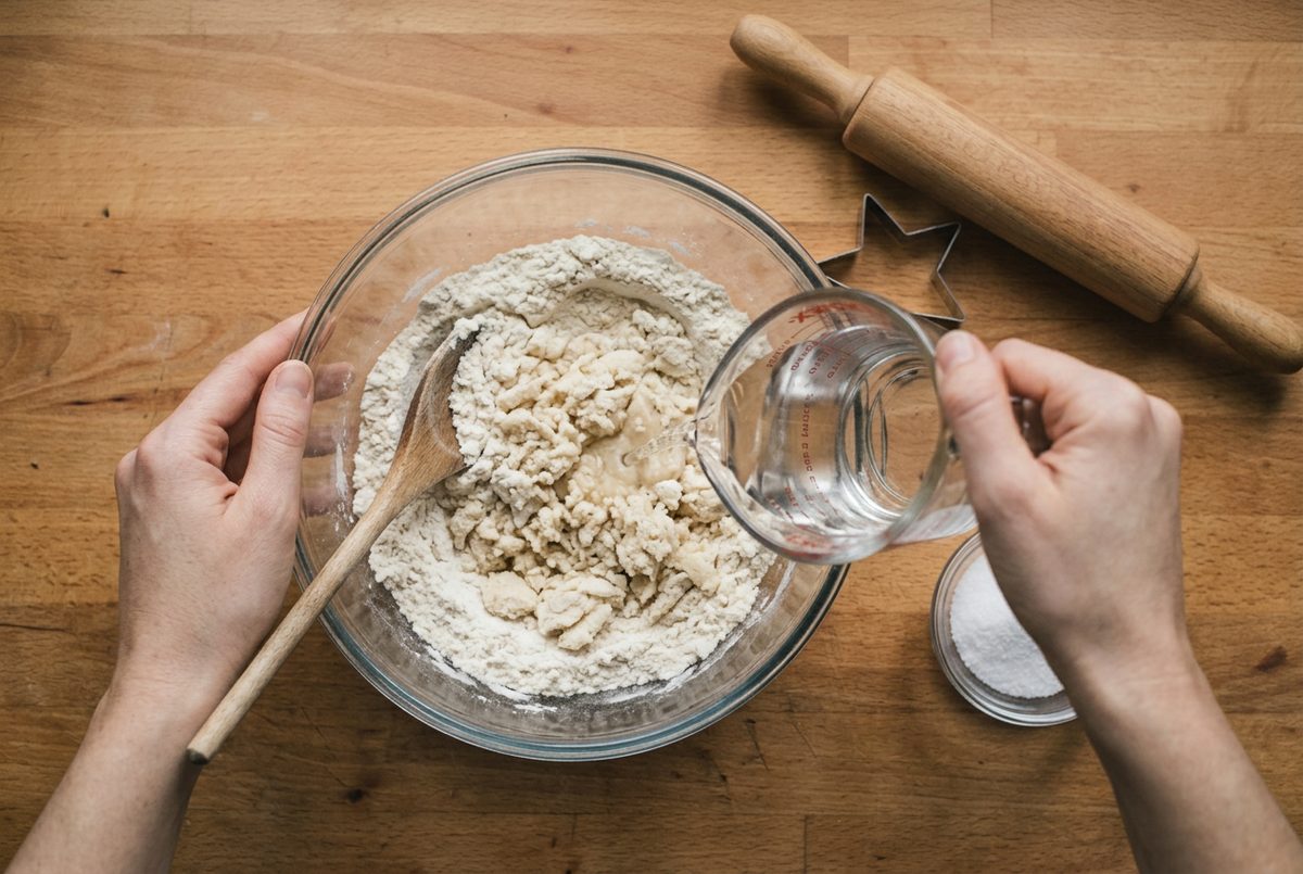Warm water being poured in a thin stream into a bowl of flour and salt