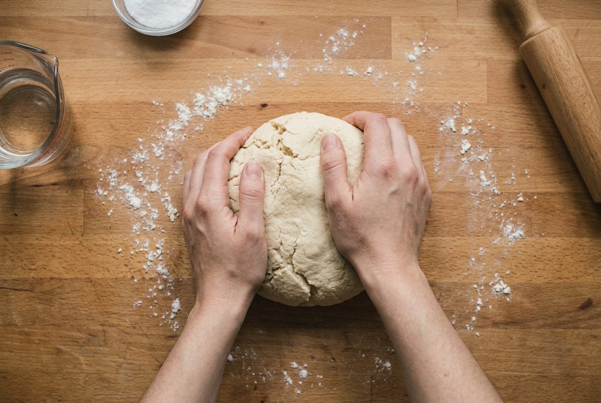 Hands kneading a ball of pale salt dough on a floured wooden worktop