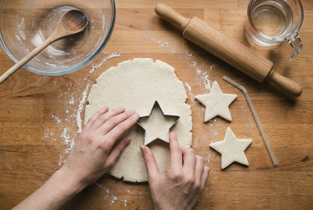 A star ornament about 7cm across being cut from a rolled slab of salt dough