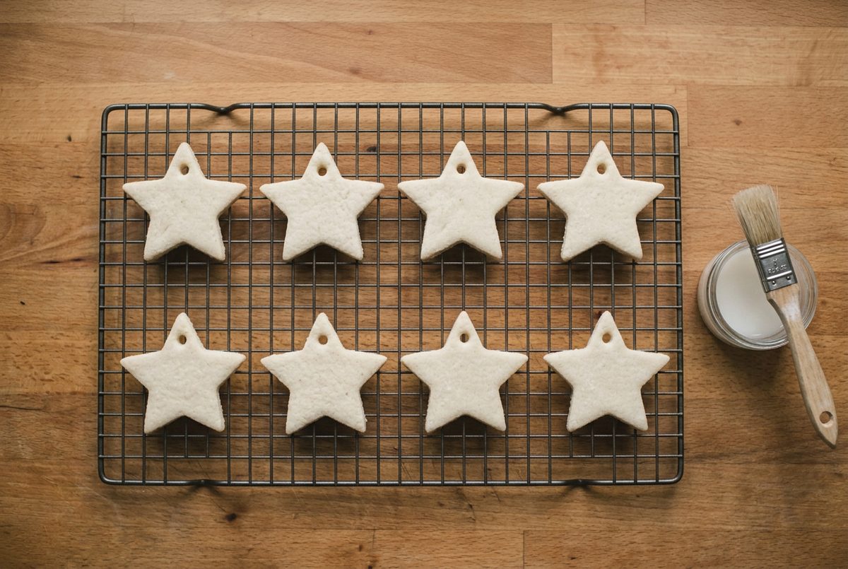 Finished pale salt dough stars cooling on a wire rack