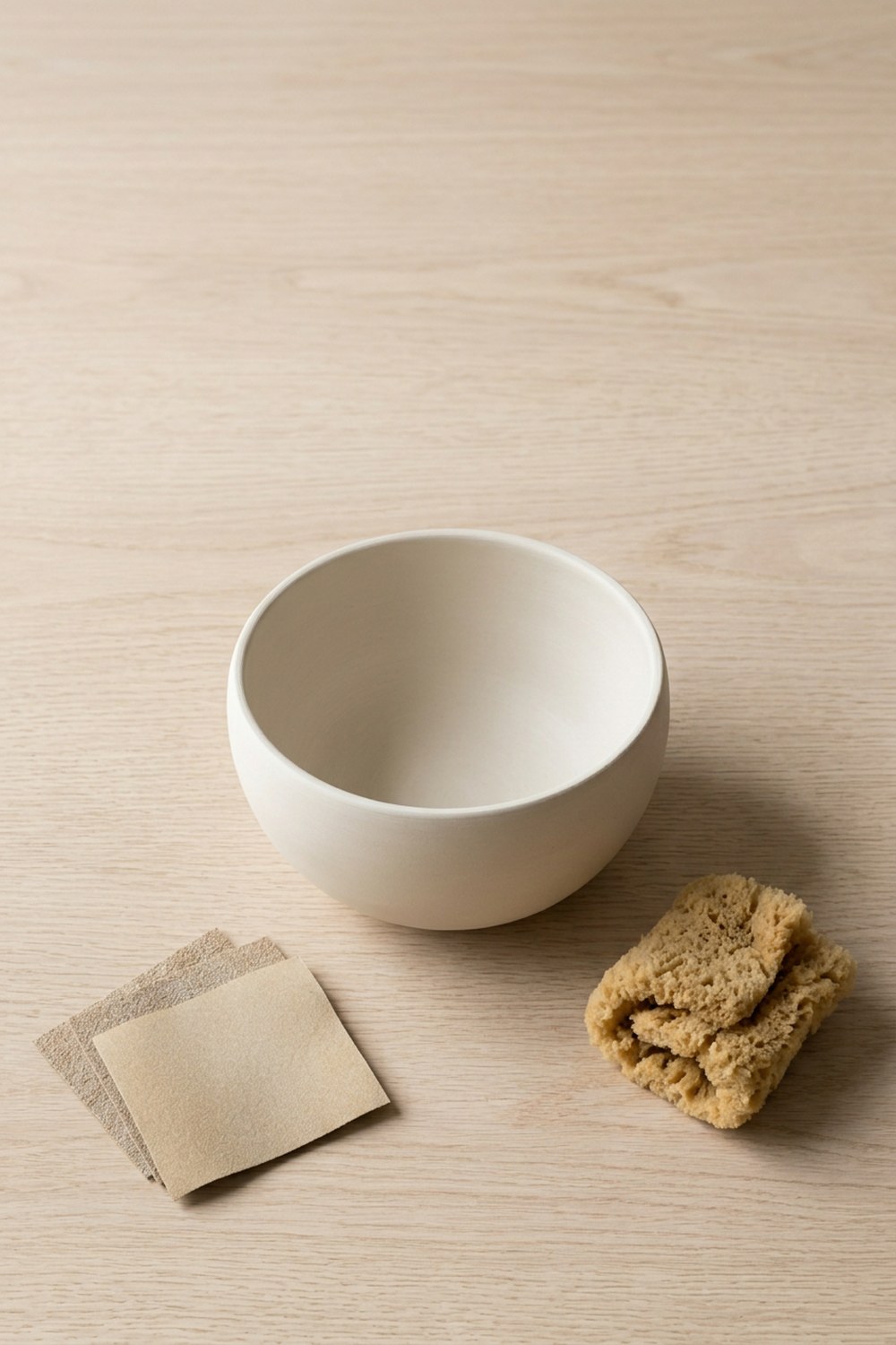 A smooth clay bowl beside a sponge and sandpaper on a pale oak table