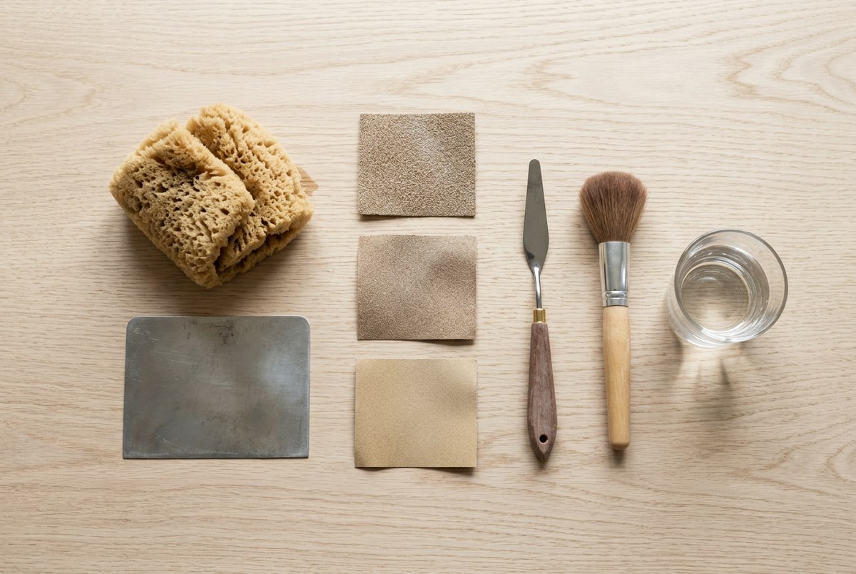 A sponge, metal scraper, graded sandpaper and a soft brush on a pale oak table