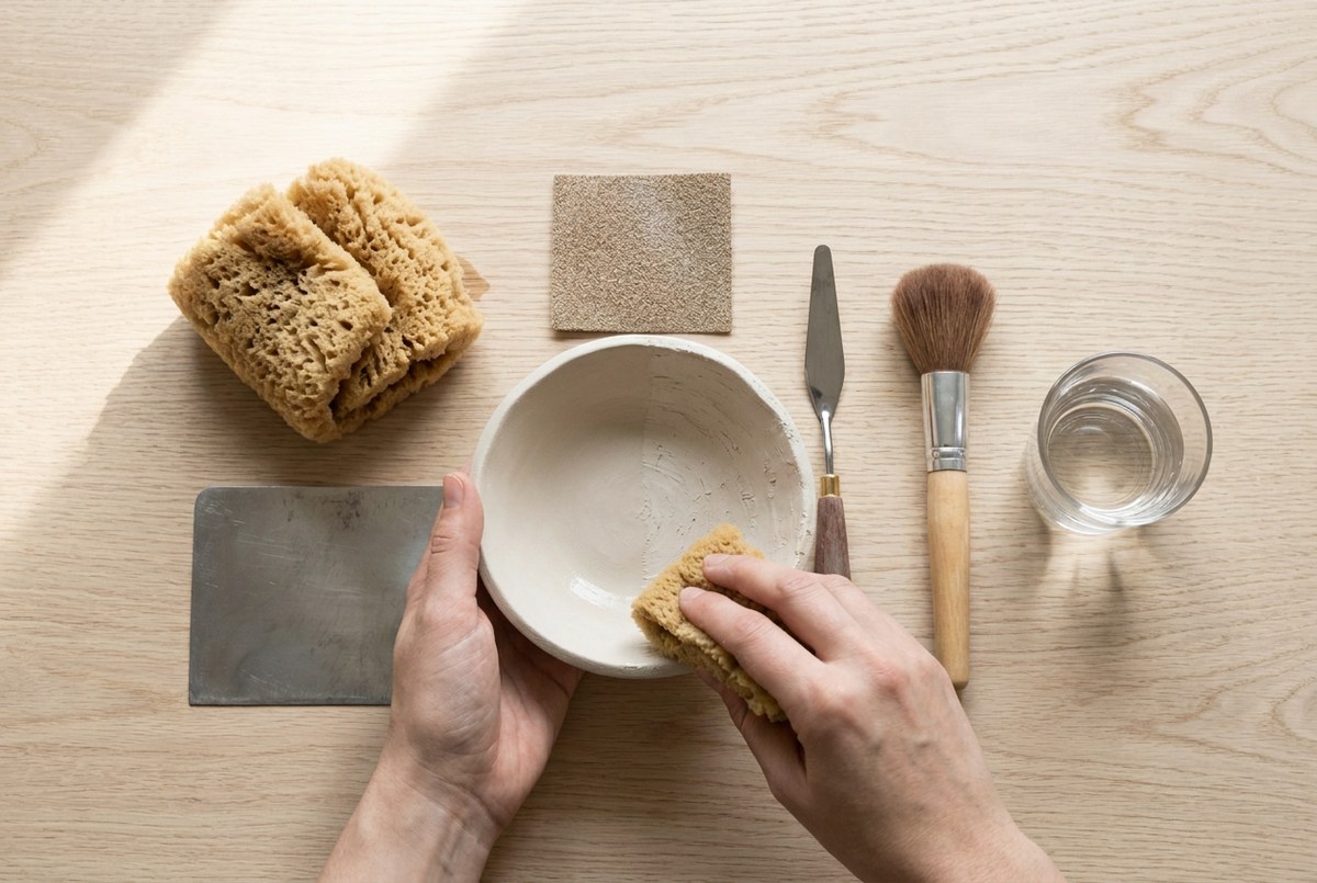 A damp sponge wiping the surface of a soft off-white clay bowl