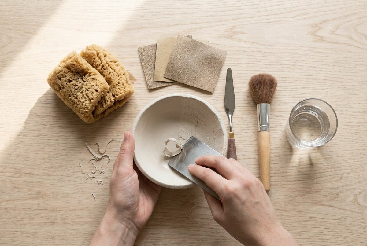 A flat metal scraper shearing ridges off a firm clay bowl