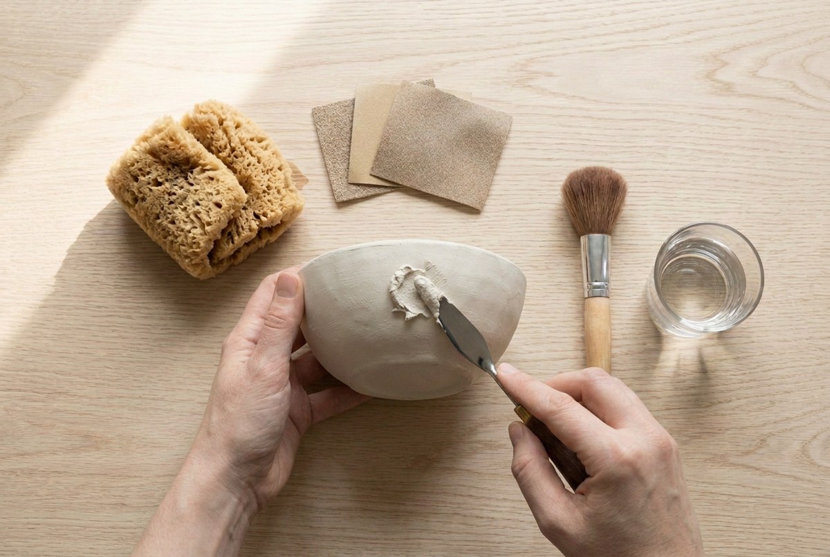 Thick clay paste being pressed into a small pit with a palette knife