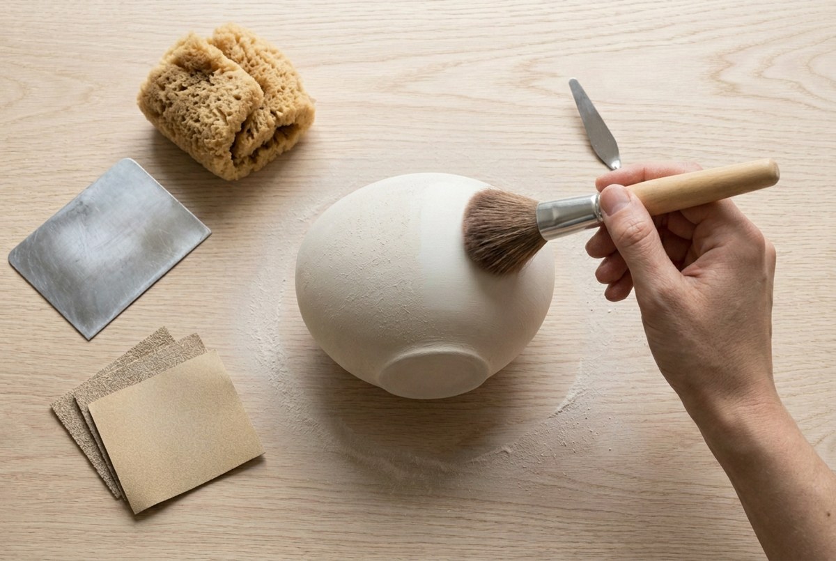 A soft brush clearing dust from a smooth finished clay bowl