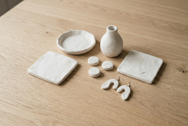 A group of finished white clay pieces arranged together on a pale oak table