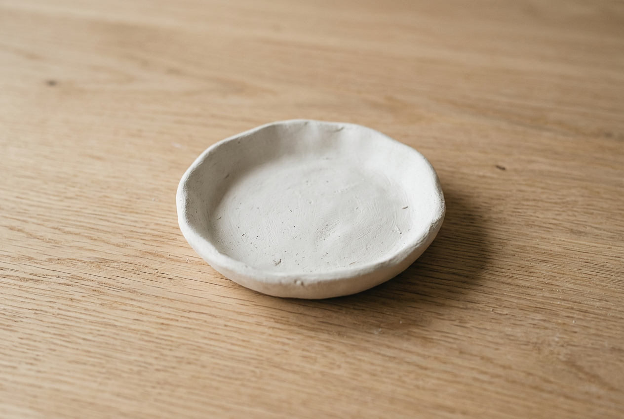 A shallow white air dry clay ring dish with a pinched rim on a pale oak table