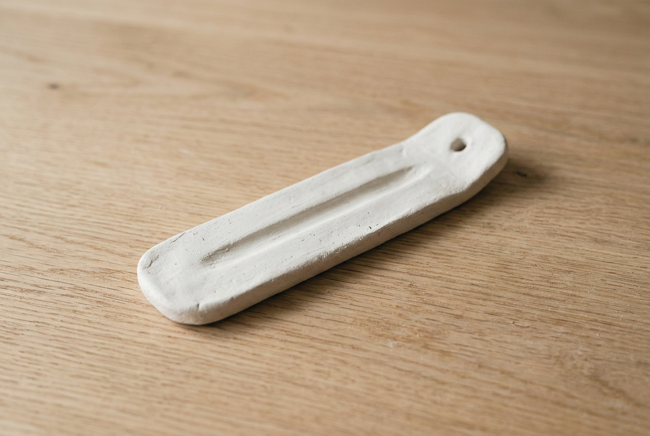 A long flat clay incense holder with a shallow ash channel