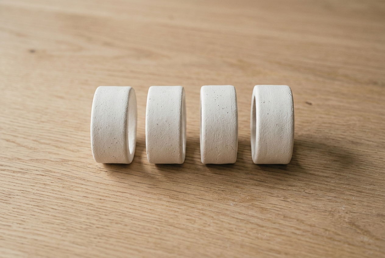 Four white clay napkin rings standing on edge in a row