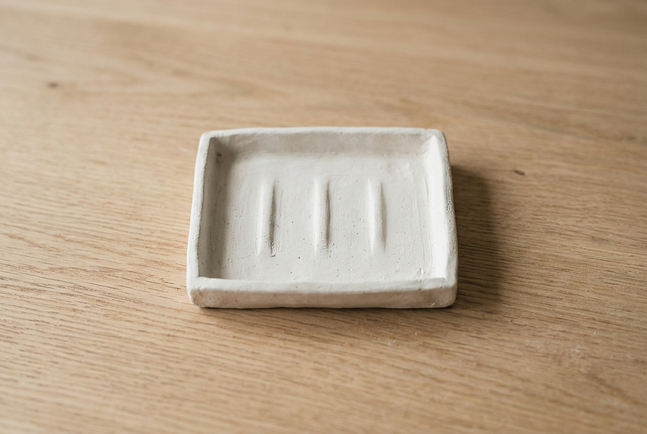 A rectangular clay soap dish with drainage ridges across its base