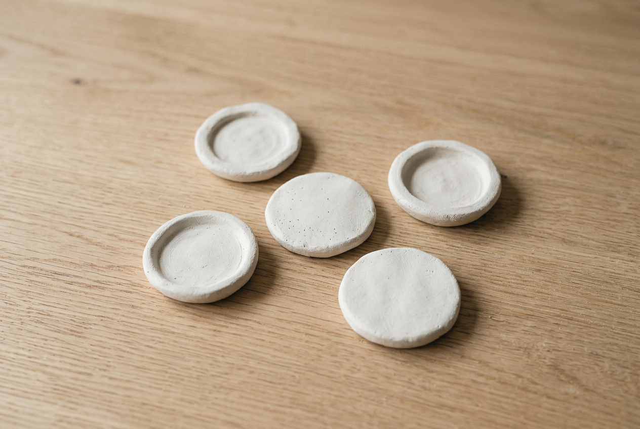 Five small round clay magnets face up on a pale oak table