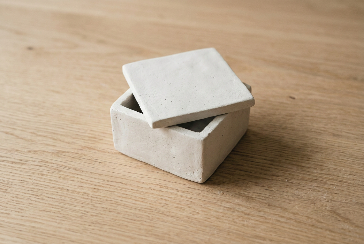 A small square clay box with its lid sitting slightly askew