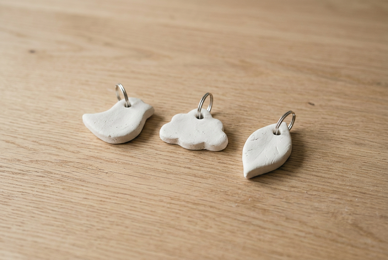 Three small clay charms on split rings lying on a pale oak table