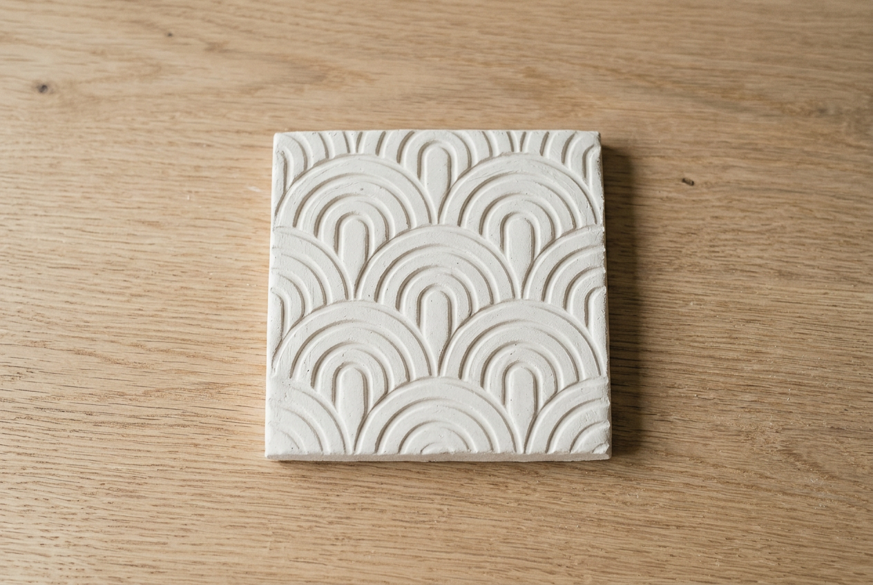 A square clay wall tile with a shallow pressed arch pattern