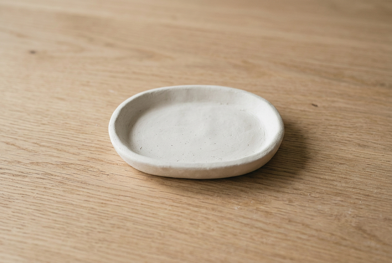 An oval clay spoon rest with a raised rim and a shallow well