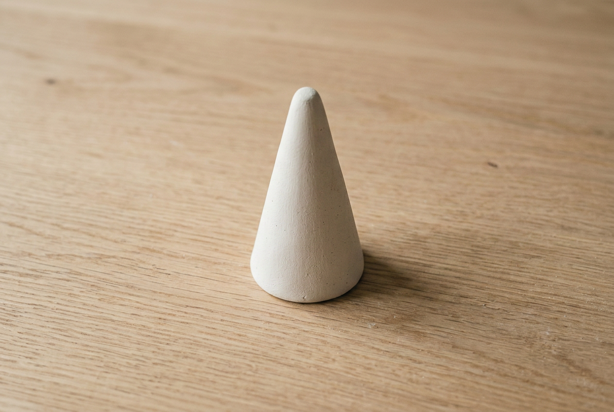 A tapered clay cone on a round base for storing rings