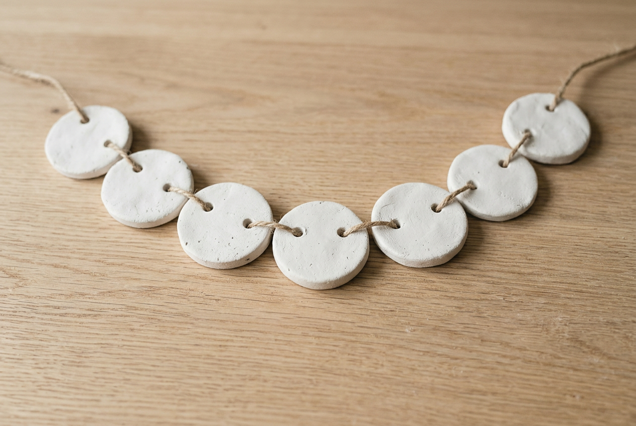 Seven small clay discs strung on twine as a hanging garland