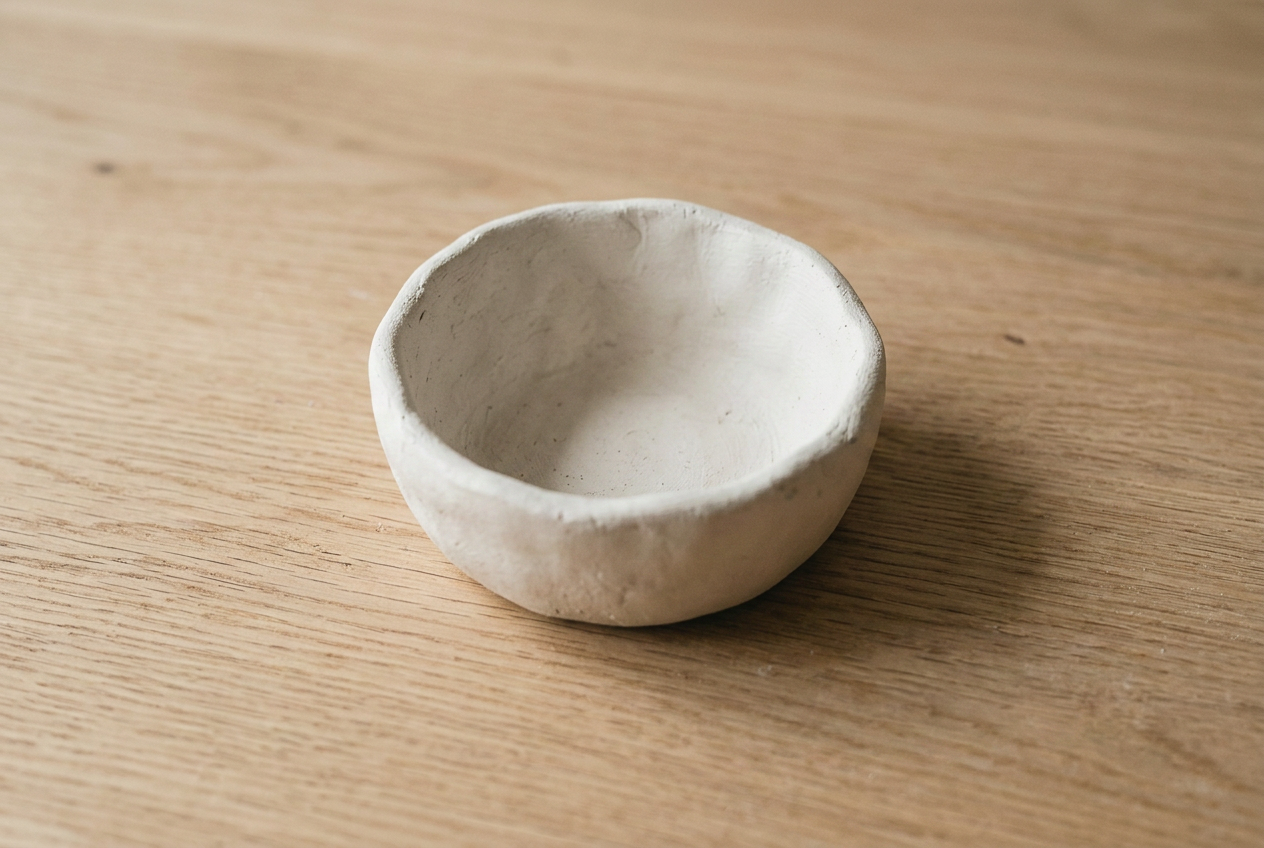 A rounded pinch pot bowl in white clay with visible finger-formed walls