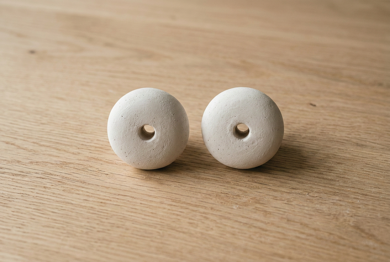 Two round clay drawer knobs with a bolt hole through the centre