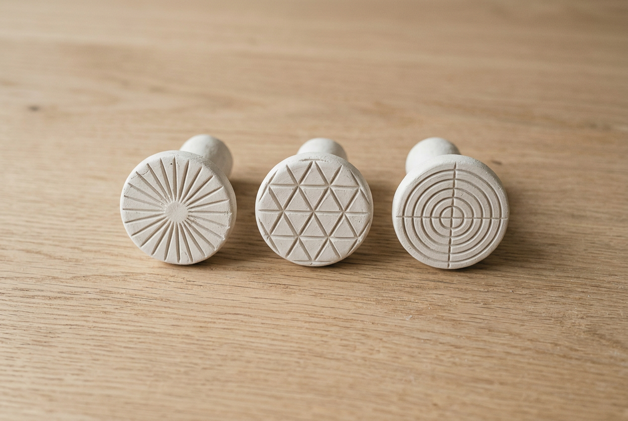 Three small clay stamps with carved geometric faces