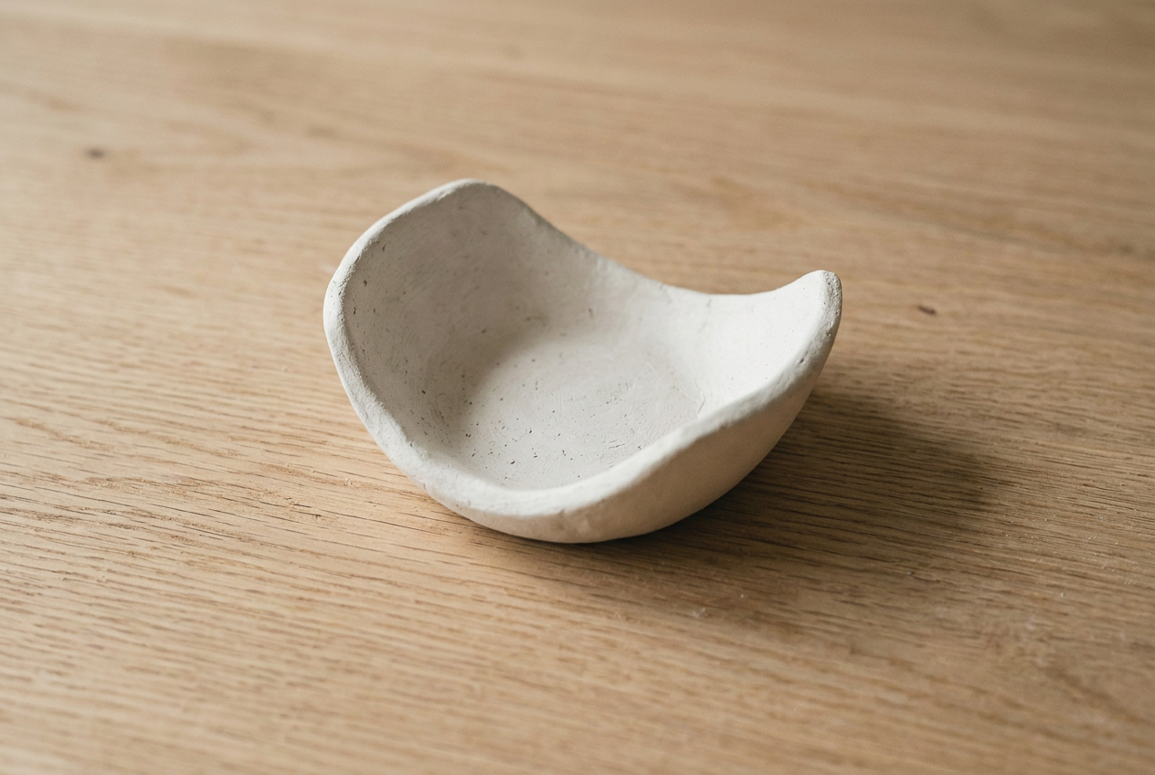 A curved clay cradle shaped to hold a small air plant