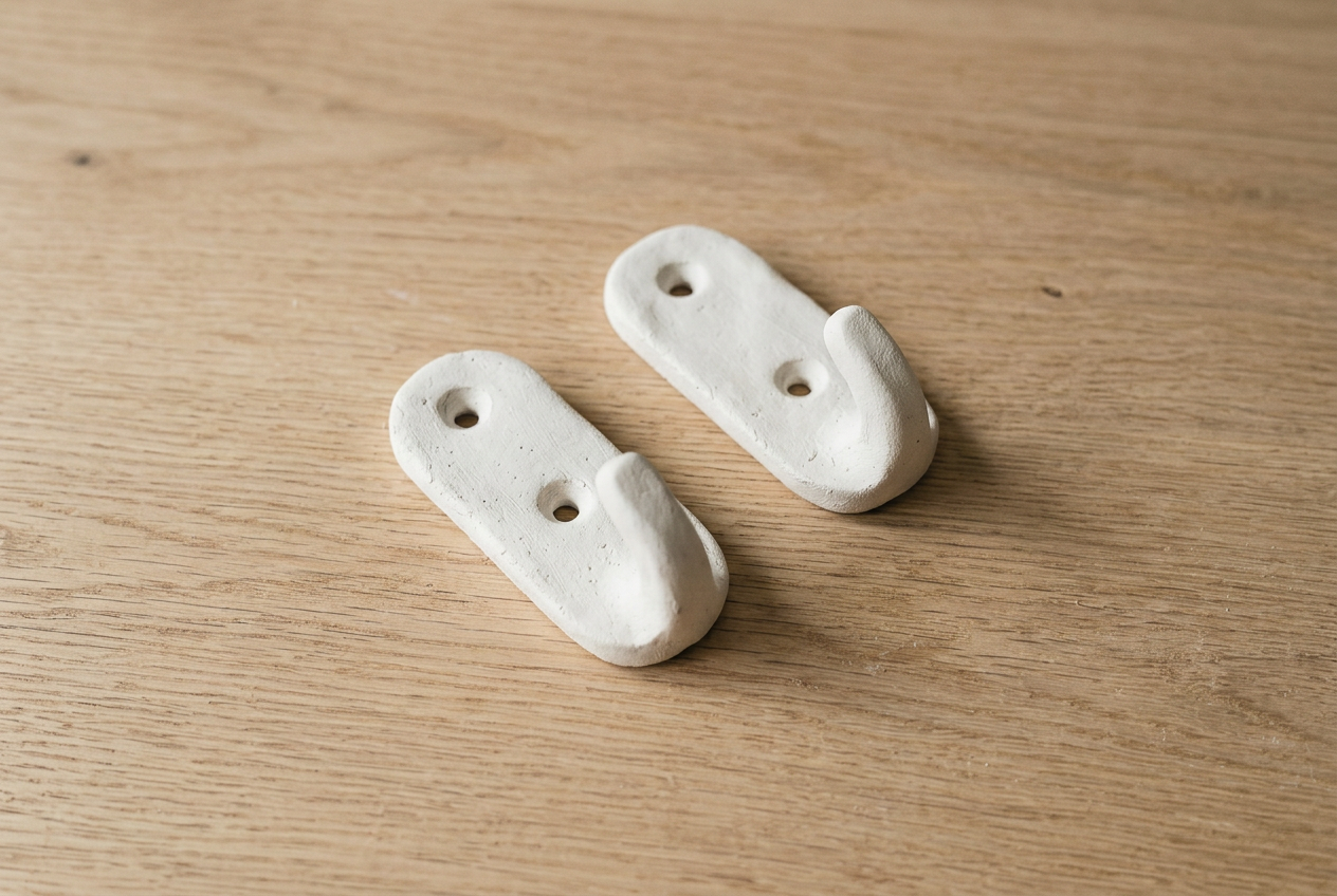Two clay wall hooks with upturned tips and screw holes in the plate