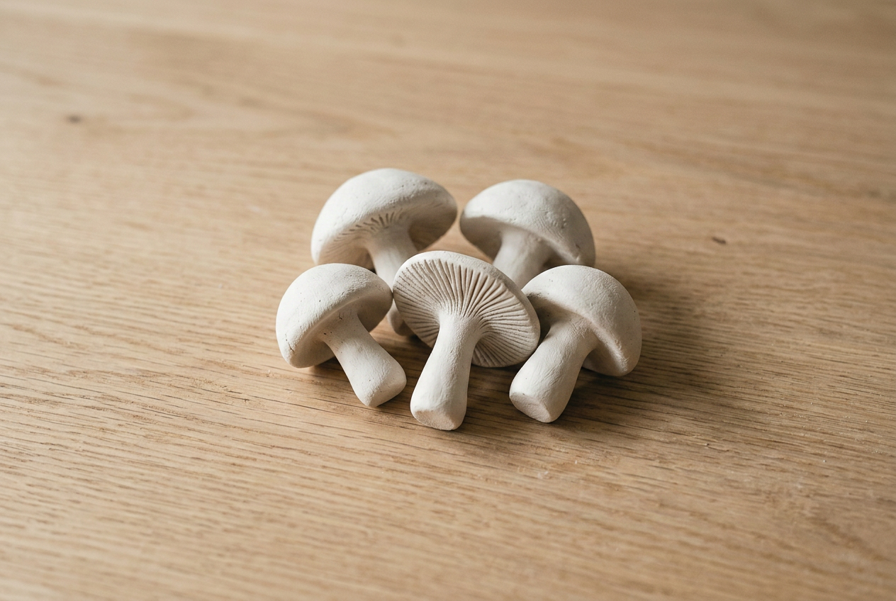 Four small white clay mushrooms of different heights in a group