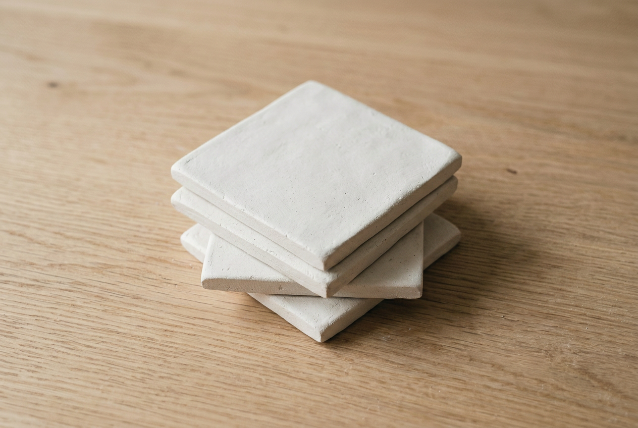 Four square white clay coasters stacked slightly off-square
