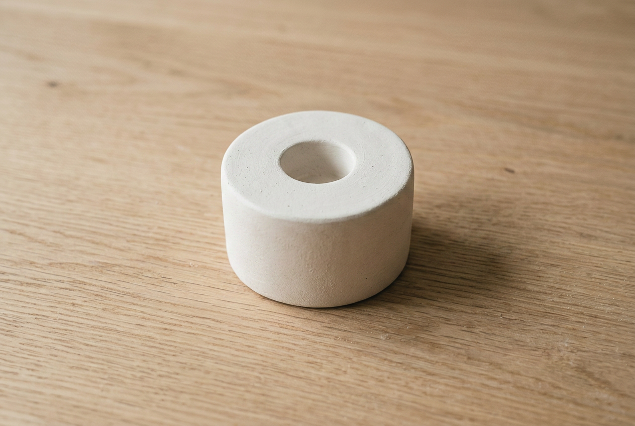 A short cylindrical clay candle holder with a recessed socket in the top