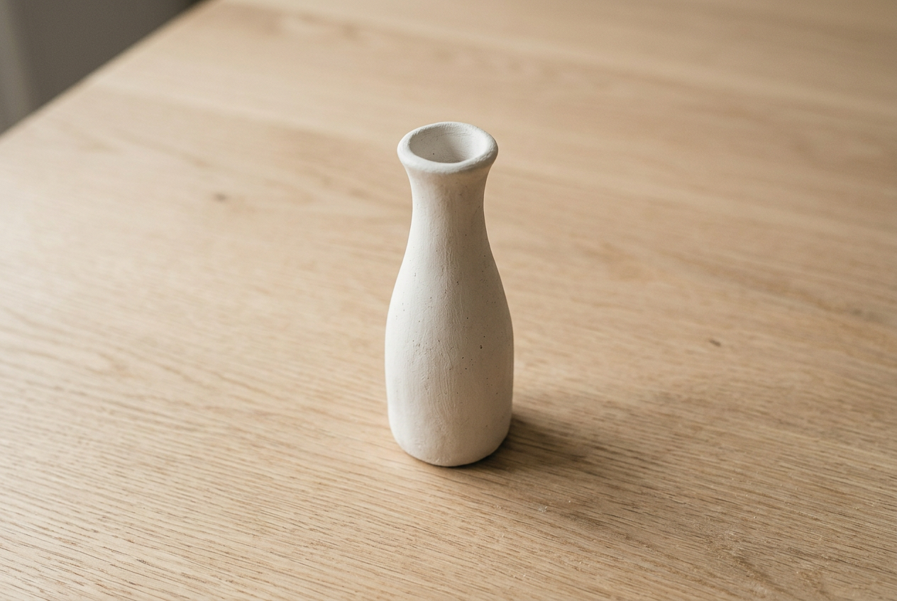 A narrow white clay bud vase with a slightly flared lip