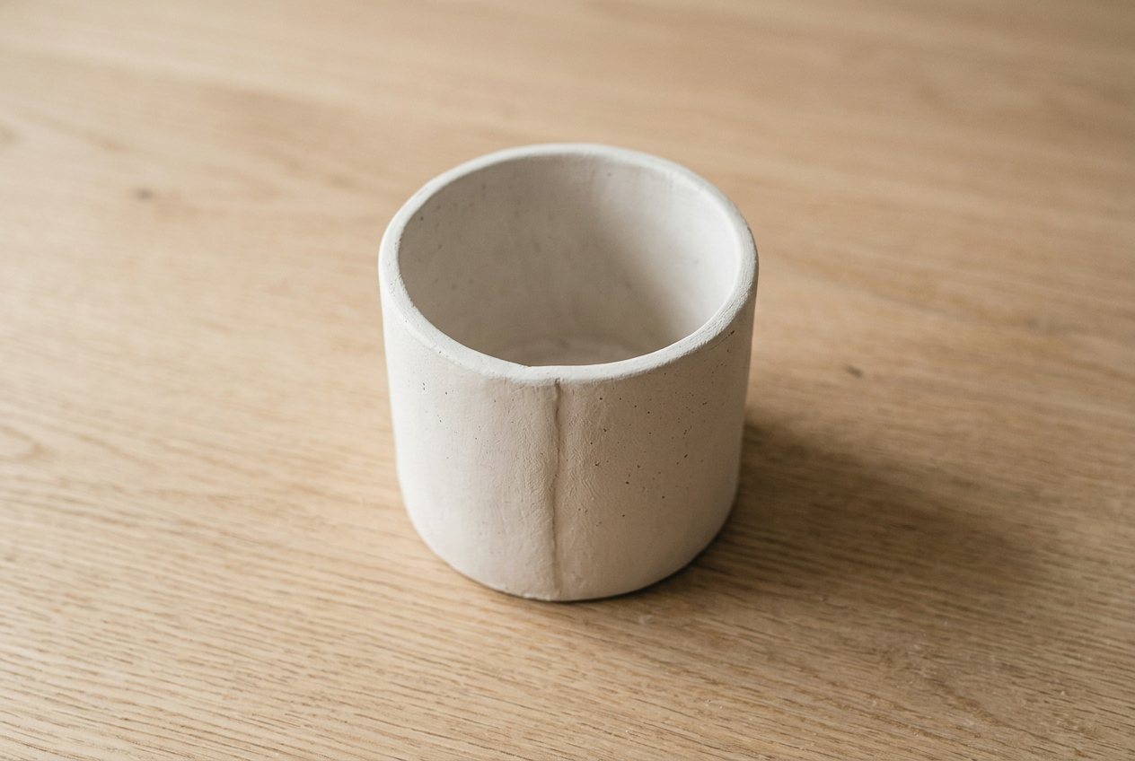 A straight-sided clay cylinder used as a cover for a small plant pot