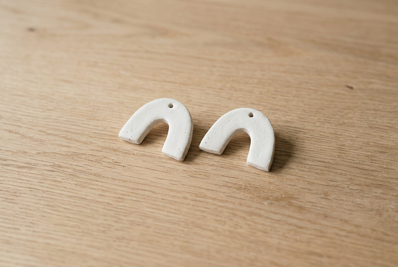 A pair of curved arc-shaped clay earrings with small drilled holes